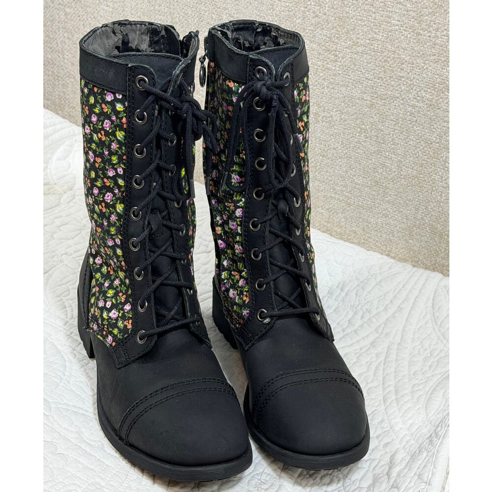 Denim Supply RL Women 8 Black Floral Print Side Zip Lace Up Torie Granny Boots